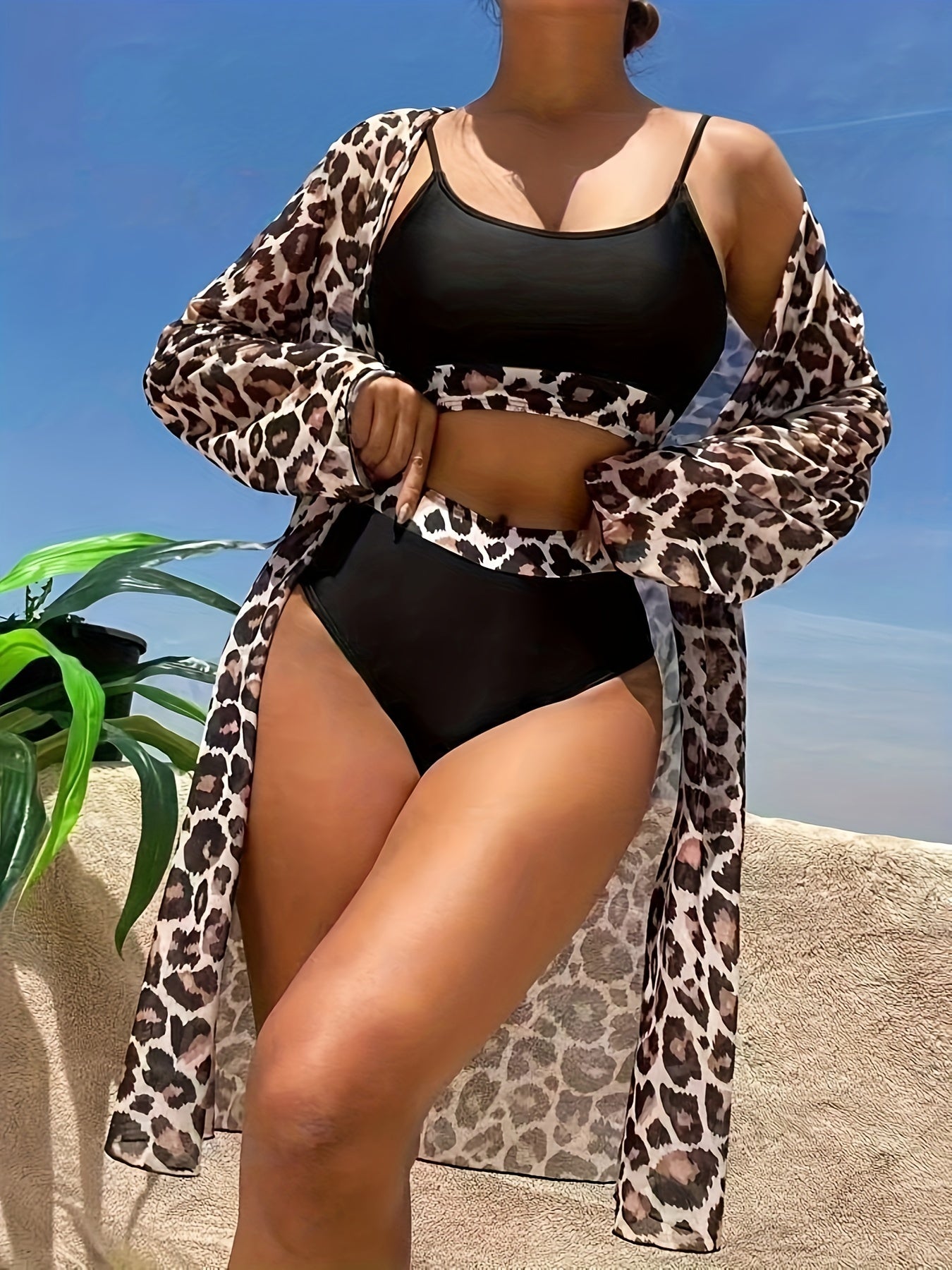 Leopard Print Scoop Neck Bikini With Long Sleeve Kimono Cover Up 3 Piece Set Swimsuits, Women's Swimwear & Clothing MyFave Boutique