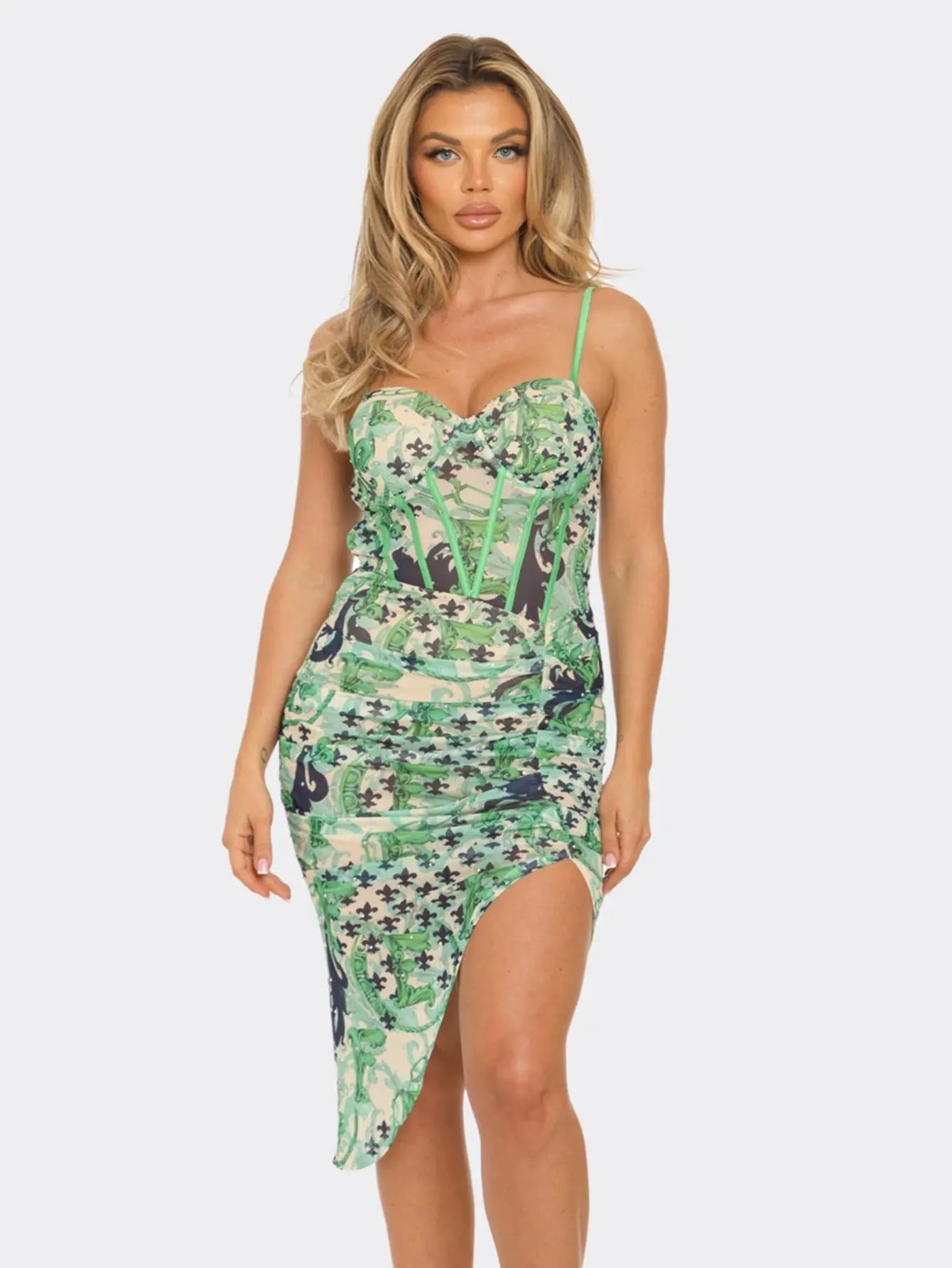 Elegant Asymmetrical Printed Corset Midi Dress with Spaghetti Straps - Green/Orange - Perfect for Parties and Special Events MyFave Boutique