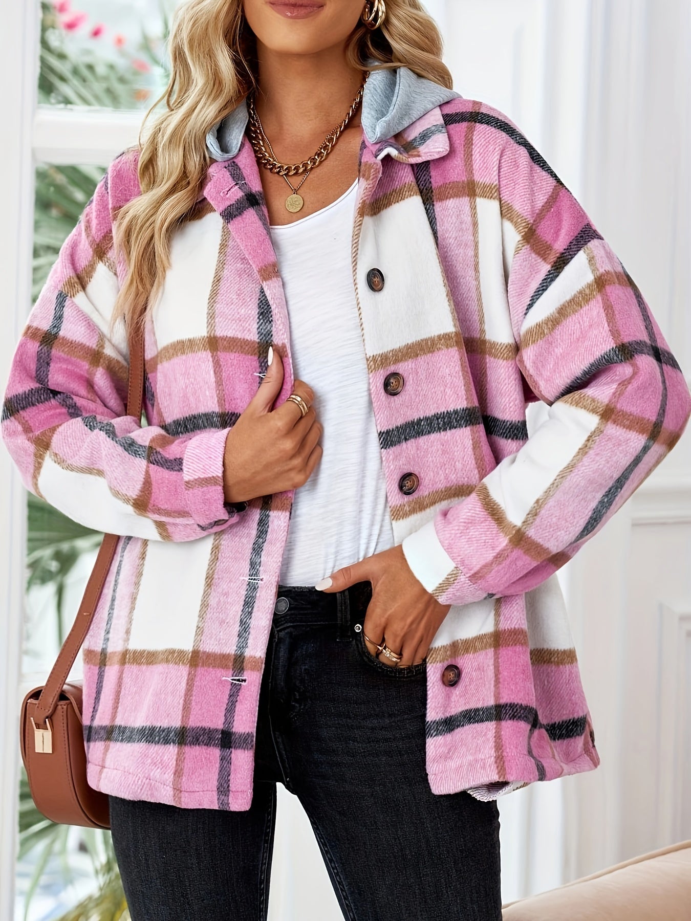 Womens Long Sleeve Button Down Plaid Shirts Flannel Hooded Shacket Jacket Hoodie Coats MyFave Boutique