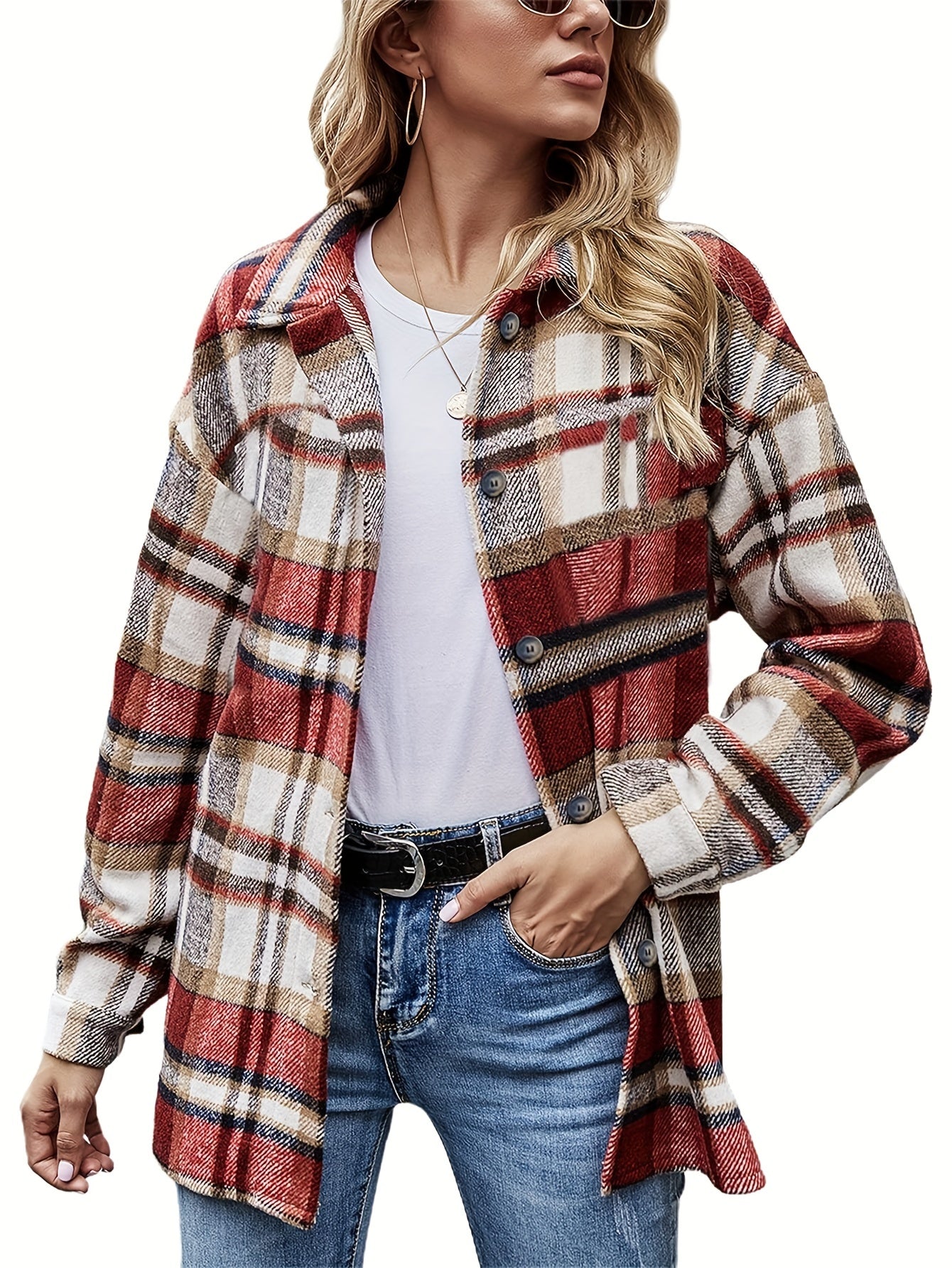 Women's Fall Color Block Plaid Flannel Shacket Jacket Button Down Shirt Coat Tops MyFave Boutique