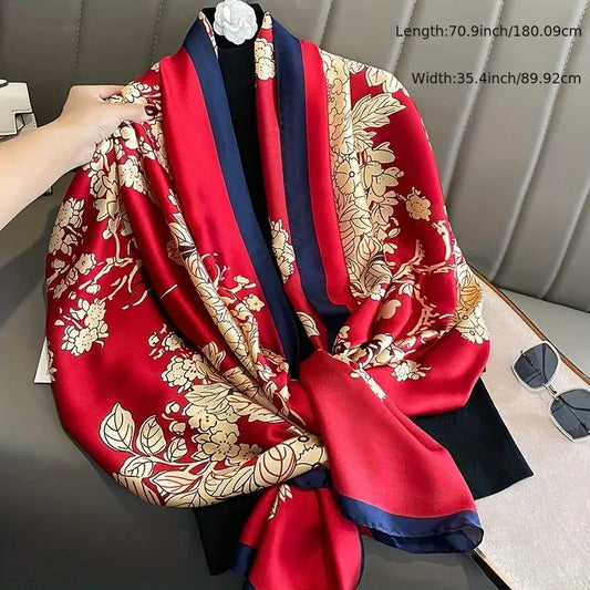 35.4"×70.9" Golden Flower Print Scarf Elegant Red Satin Shawl Women Outdoor Sunscreen Wrap Outdoor Travel Beach Towel MyFave Boutique