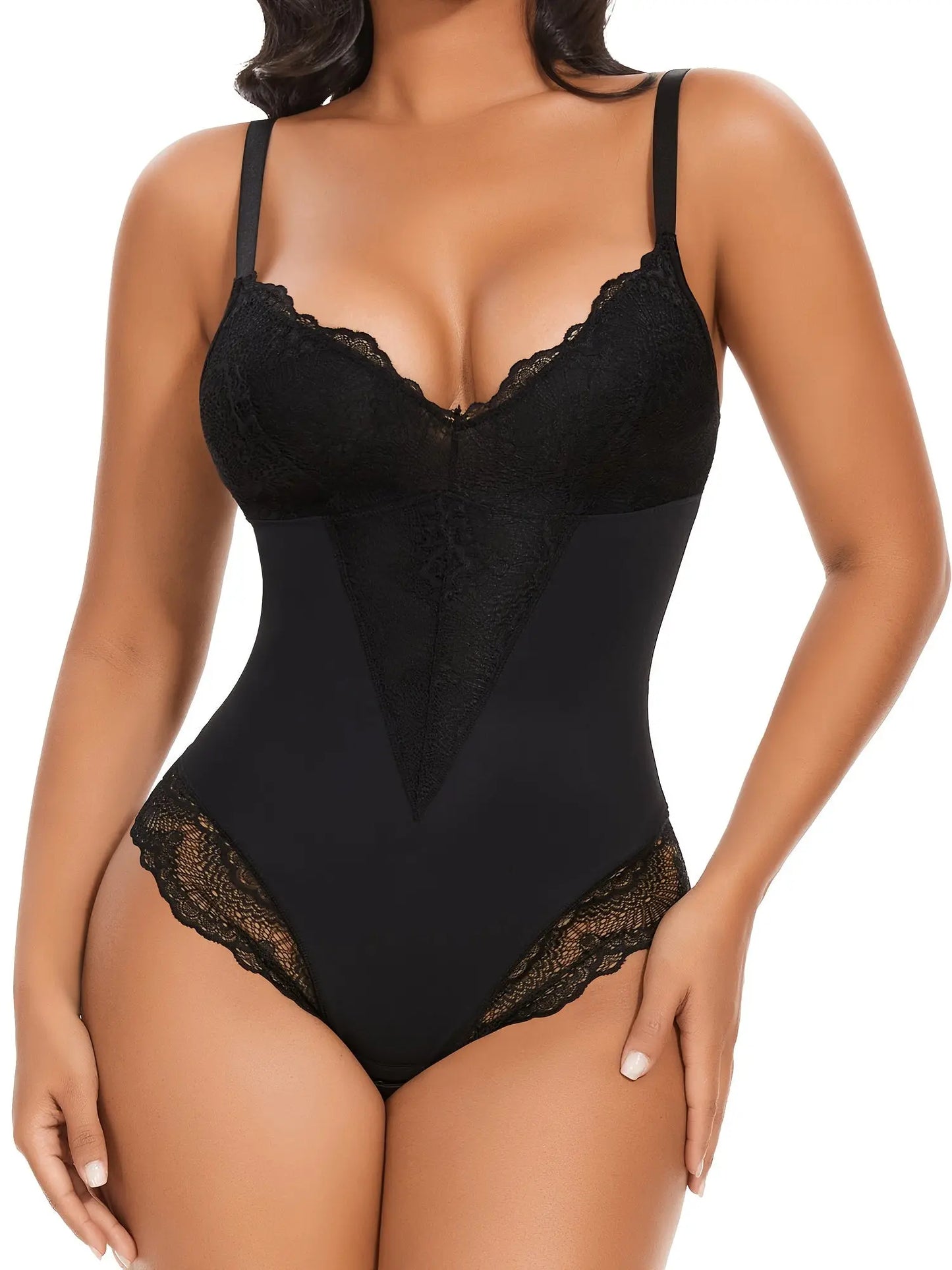 Werena Women's Slimming Lace-Trim V-Neck Shapewear Bodysuit - Tummy Control, Stretch Nylon Blend, Hand Washable MyFave Boutique