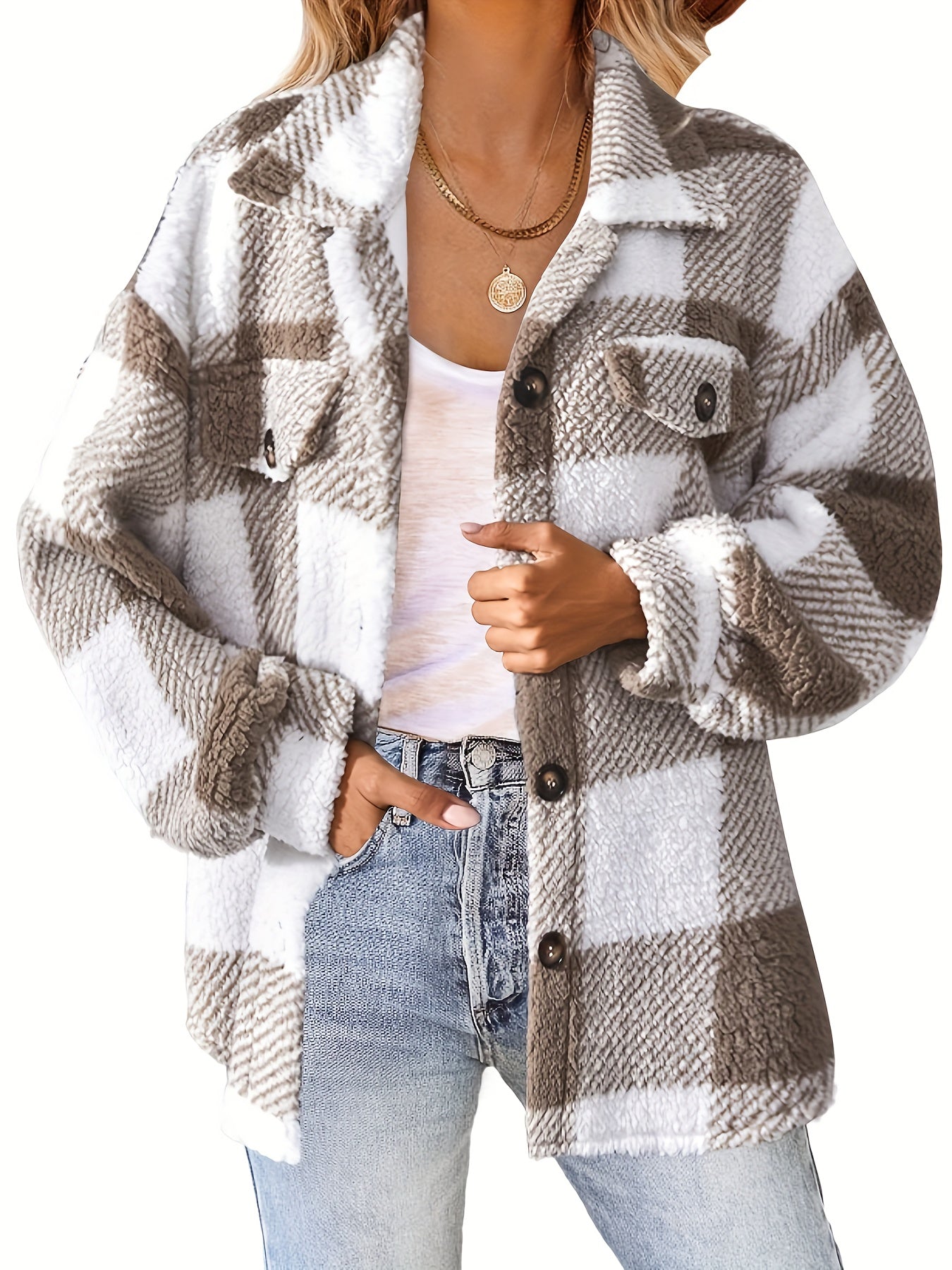 Cozy Plaid Fuzzy Jacket - Soft, Warm, And Stylish Long Sleeve Outerwear With Button Front Closure For Women - Perfect For Fall And Winter Casual Wear MyFave Boutique