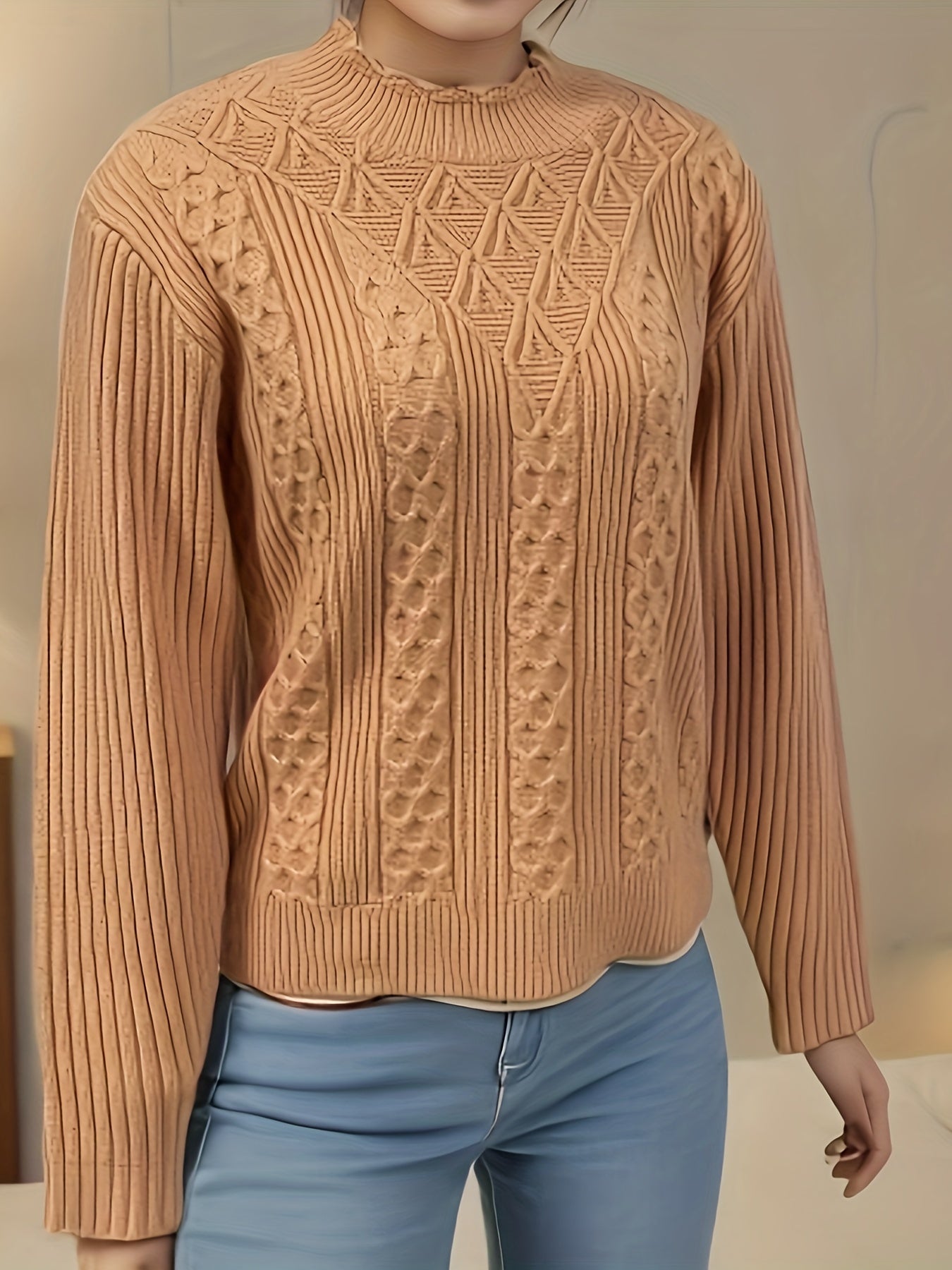 Cable Knit Mock Neck Sweater, Vintage Long Sleeve Sweater For Fall & Winter, Women's Clothing MyFave Boutique