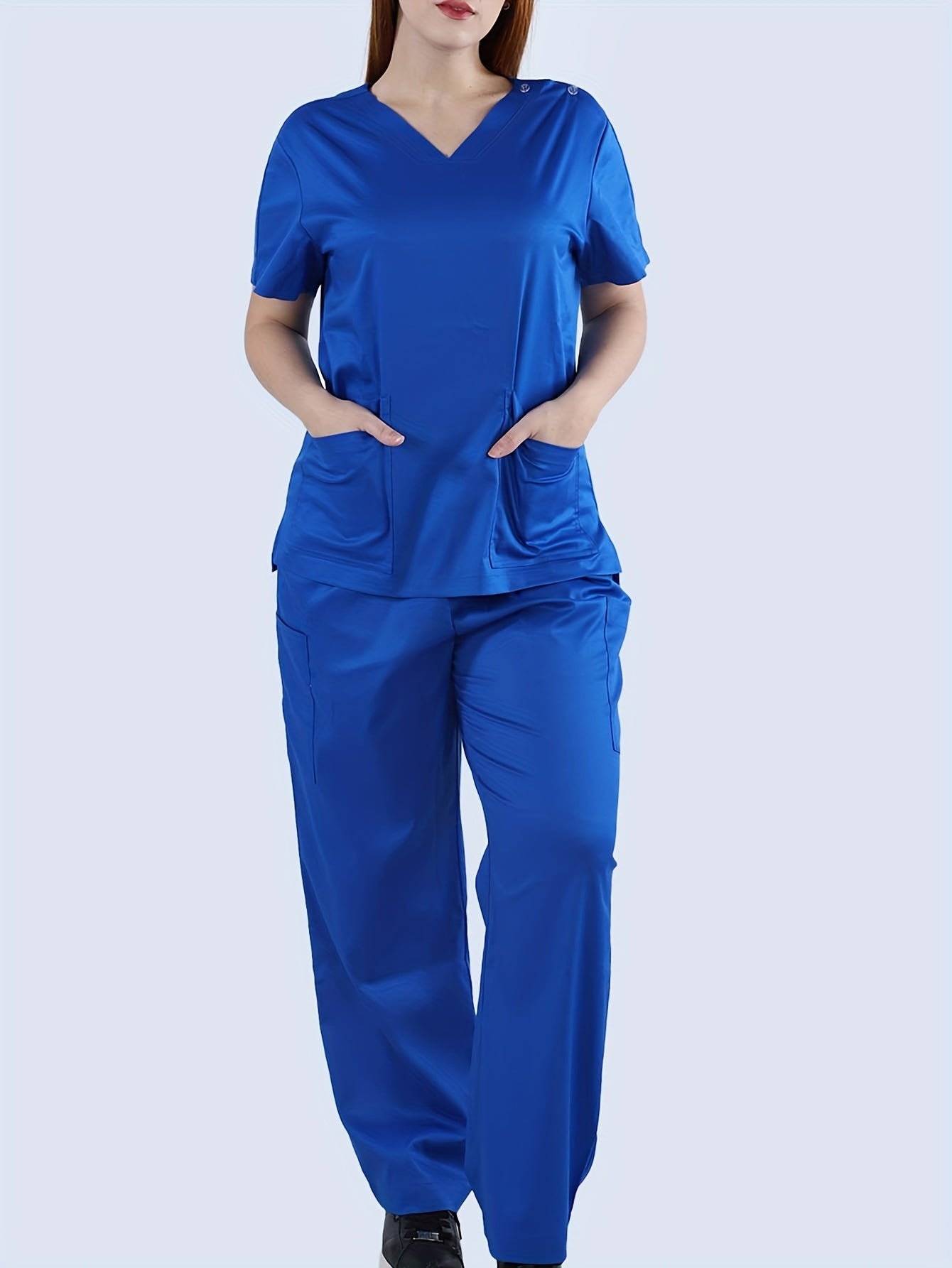 Stretch Women Two-piece Set, V Neck Classic Scrub Top & Straight Leg Pants, Women's Clothings MyFave Boutique