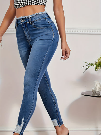 Stretchy High-Waisted Skinny Jeans for Women - Comfortable, Slim-Fit, Distressed Hem, Street Style, Five-Pocket Design, Soft Fabric, Breathable, and Flexible - Perfect for Daily Wear, Casual Outings, and Fashion Enthusiasts MyFave Boutique