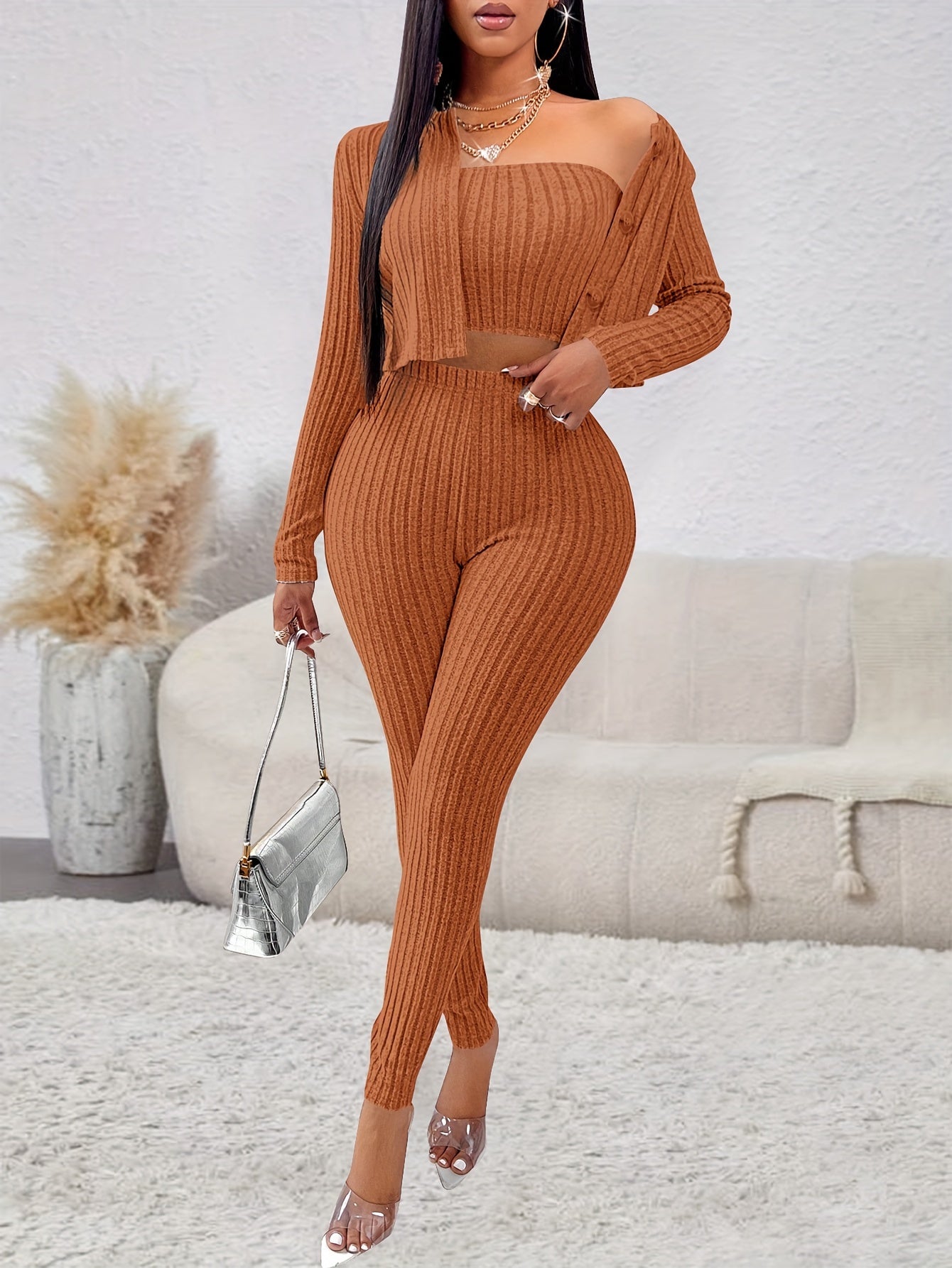 Ribbed Casual Three-piece Set, Button Front Long Sleeve Cardigan & Sleeveless Crop Top & Slim Pants Outfits, Women's Clothing MyFave Boutique