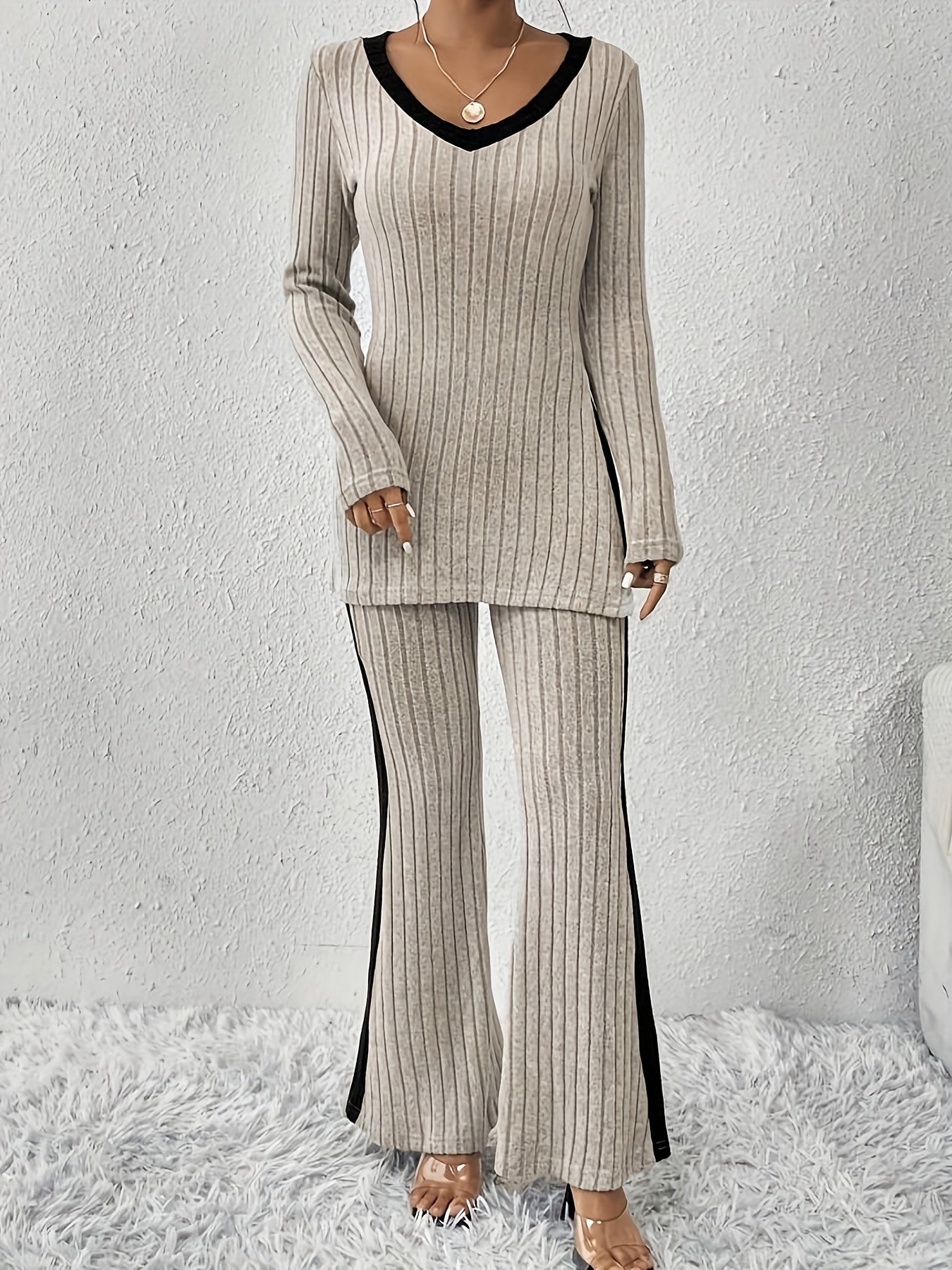 Color Block Rib Knit Pantsuits, Stylish Long Sleeve V Neck Split Hem Top & Flare Leg Pants Outfits, Women's Clothing MyFave Boutique