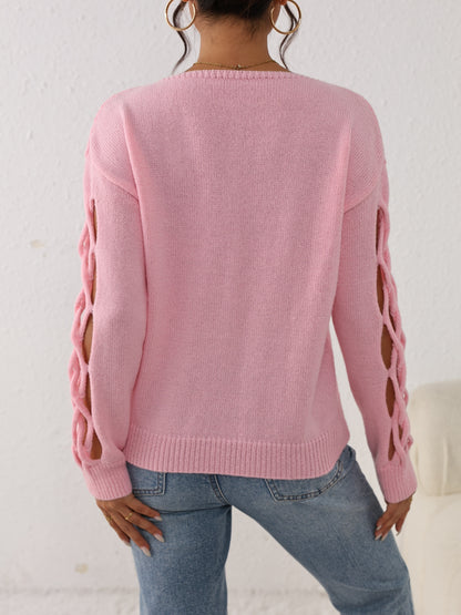 Cut Out Drop Shoulder Sweater, Vacation Style Crew Neck Long Sleeve Sweater For Fall & Winter, Women's Clothing MyFave Boutique