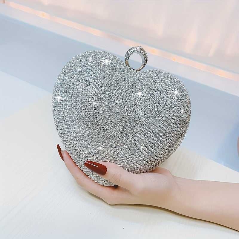 Sparkling Rhinestone Heart Evening Bag, Elegant Shiny Dinner Clutch Purse MyFave Boutique