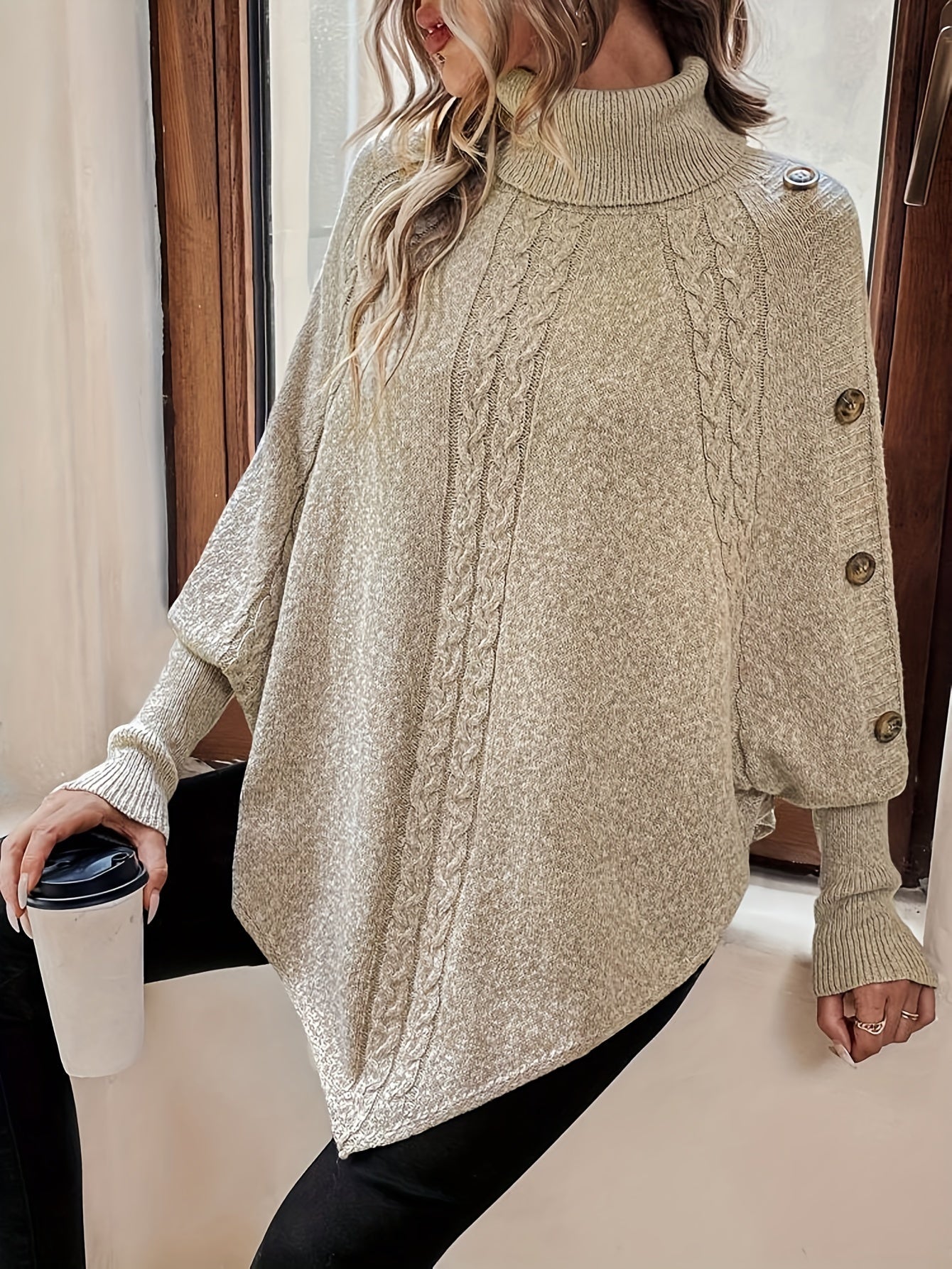 Cable Knit Button Decor Cape Sweater, Elegant Hanky Hem Turtleneck Batwing Sleeve Sweater For Fall & Winter, Women's Clothing MyFave Boutique