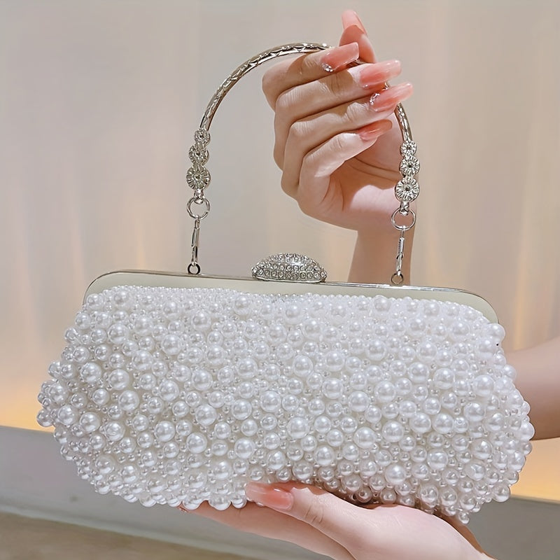 Elegant Faux Pearl Clutch Bag with Metal Chain and Floral Handle for Events, Parties, and Weddings MyFave Boutique