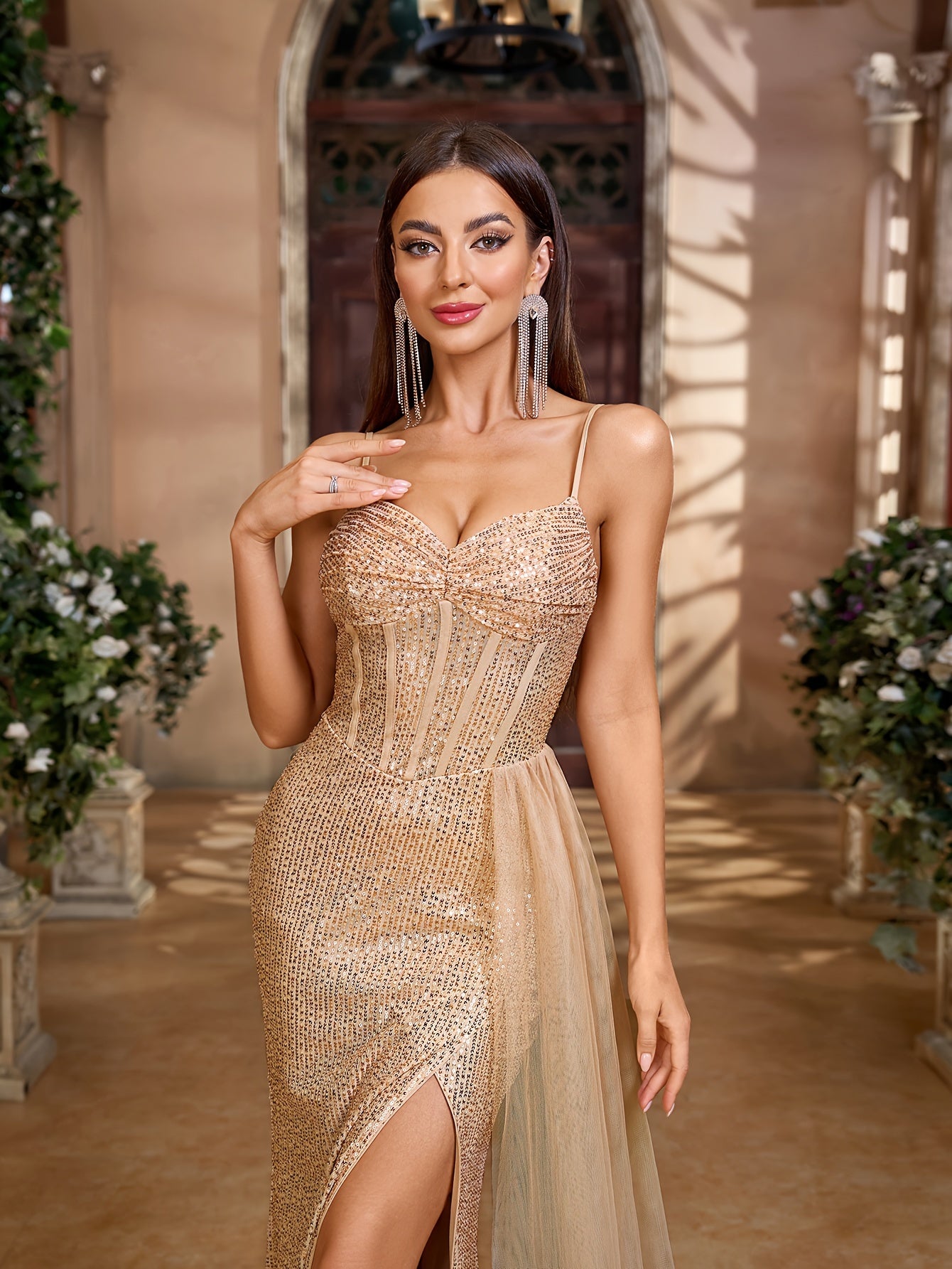 Sparkling Sequin Spaghetti Strap Dress Elegant Sleeveless Mesh Draped Split Thigh Dress For Party & Banquet, Women's Clothing MyFave Boutique