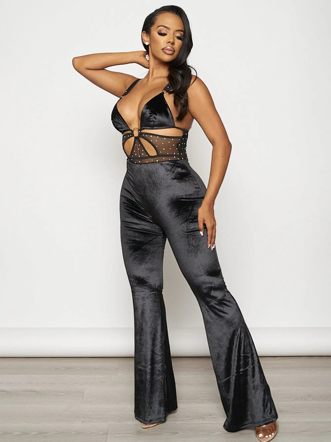 Glam Velvet Rhinestone Flare Jumpsuit - Luxe Night Out Outfit for Women MyFave Boutique