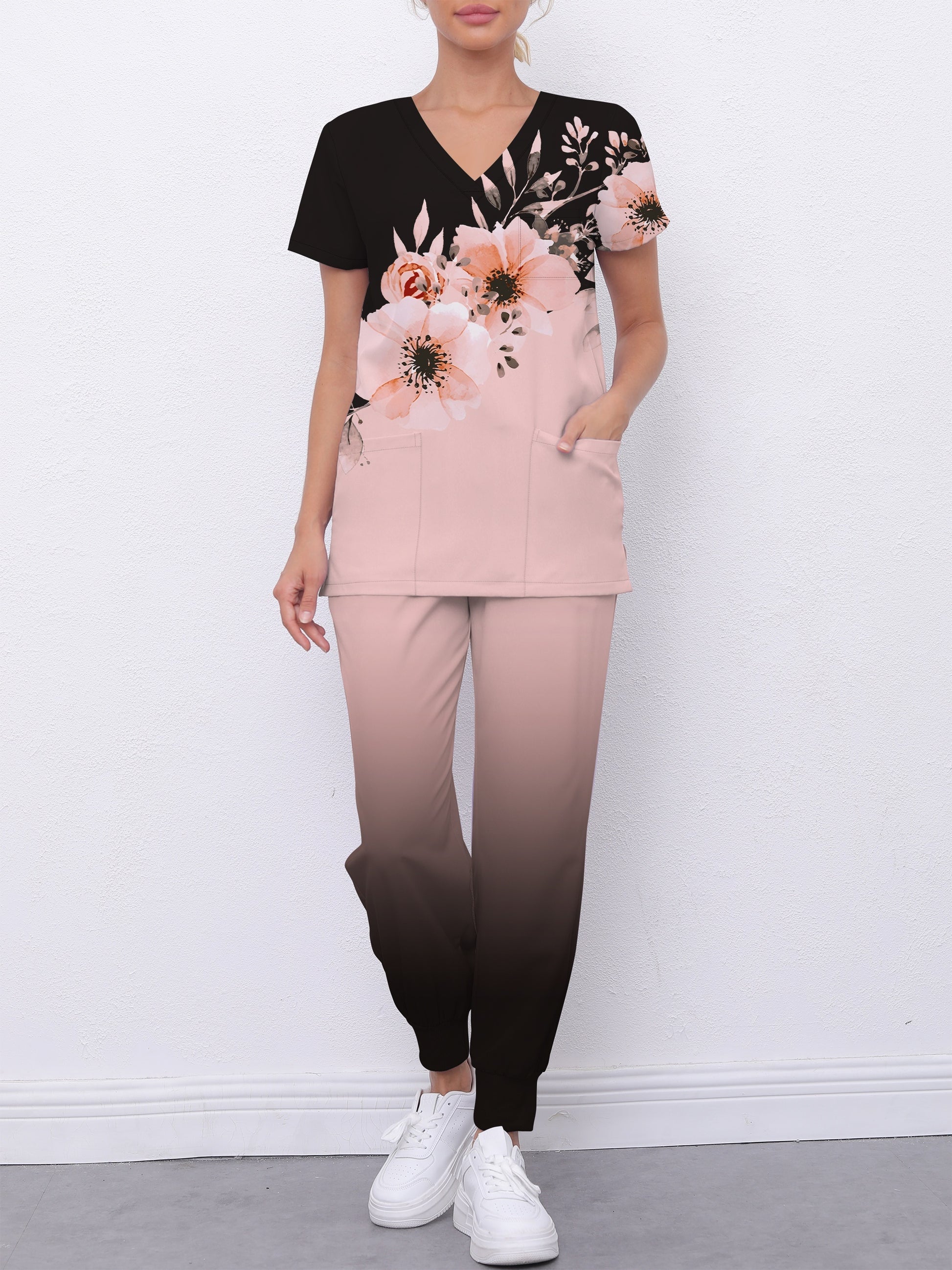 Floral Print Functional Color Block Scrub Top & Jogger Pants Set for Women MyFave Boutique