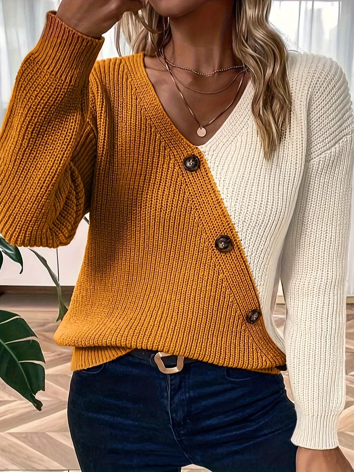 Color Block V Neck Pullover Sweater, Casual Button Long Sleeve Drop Shoulder Sweater, Women's Clothing MyFave Boutique