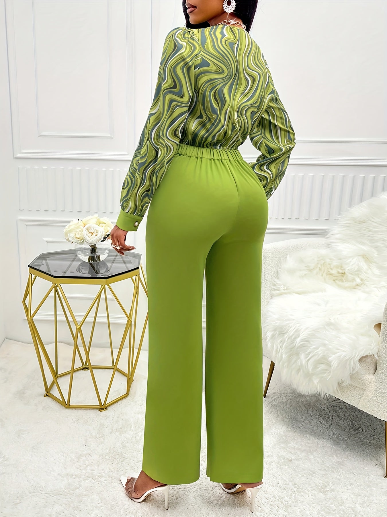 Elegant Spring & Fall Pants Set, Abstract Print Cowl Neck Blouse & Solid Color Straight Leg Loose Pants, Women's Clothing MyFave Boutique