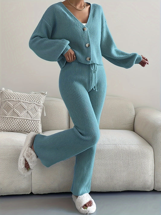 Solid Color Casual Pantsuits, Long Sleeve Drop Shoulder V Neck Button Front Cardigan & Drawstring High Waist Pants Outfits, Women's Clothing MyFave Boutique