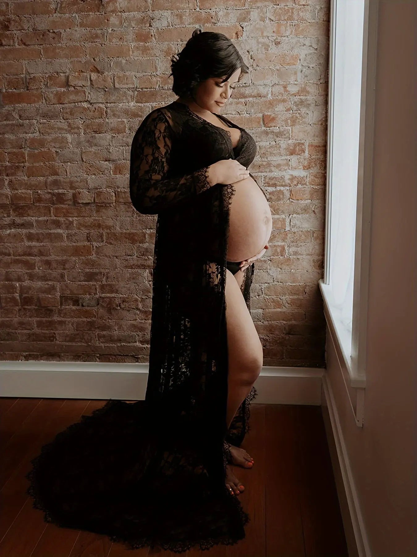 Sexy Sheer Lace Maternity Dress - V-Neck With Long Sleeves & Oversized Hem For Pregnant Women MyFave Boutique