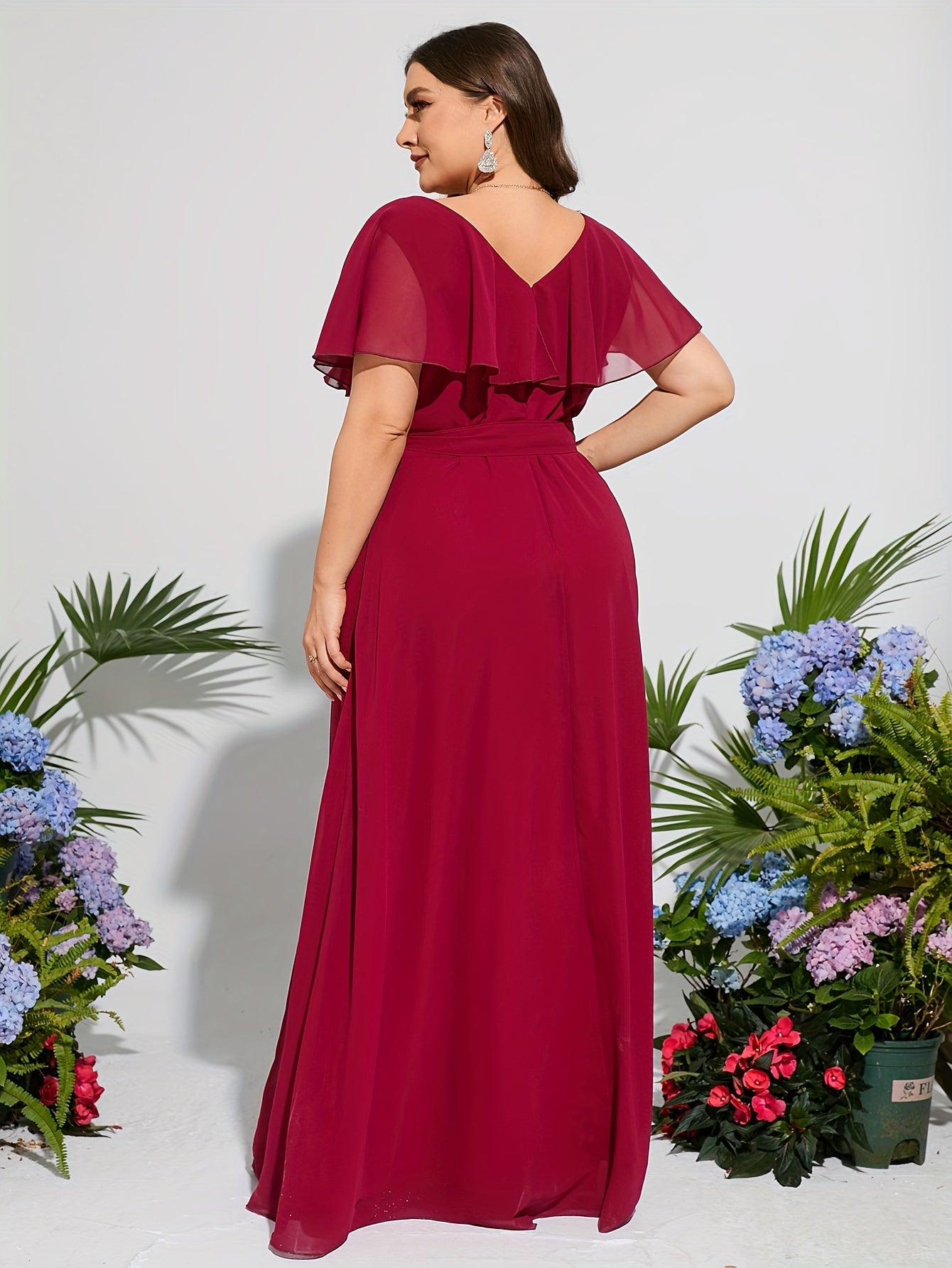 Elegant High-Waisted Long Evening Gown With V-Neck, Polyester Fabric, Four-Season Wear, Waist Belt, No Print, No Stretch MyFave Boutique