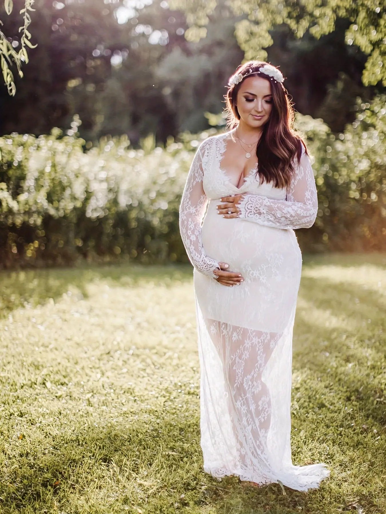 Elegant Sheer Lace Maternity Dress - V-Neck, Long Sleeve, Maxi Length with Flowy Skirt - Perfect for All Seasons MyFave Boutique