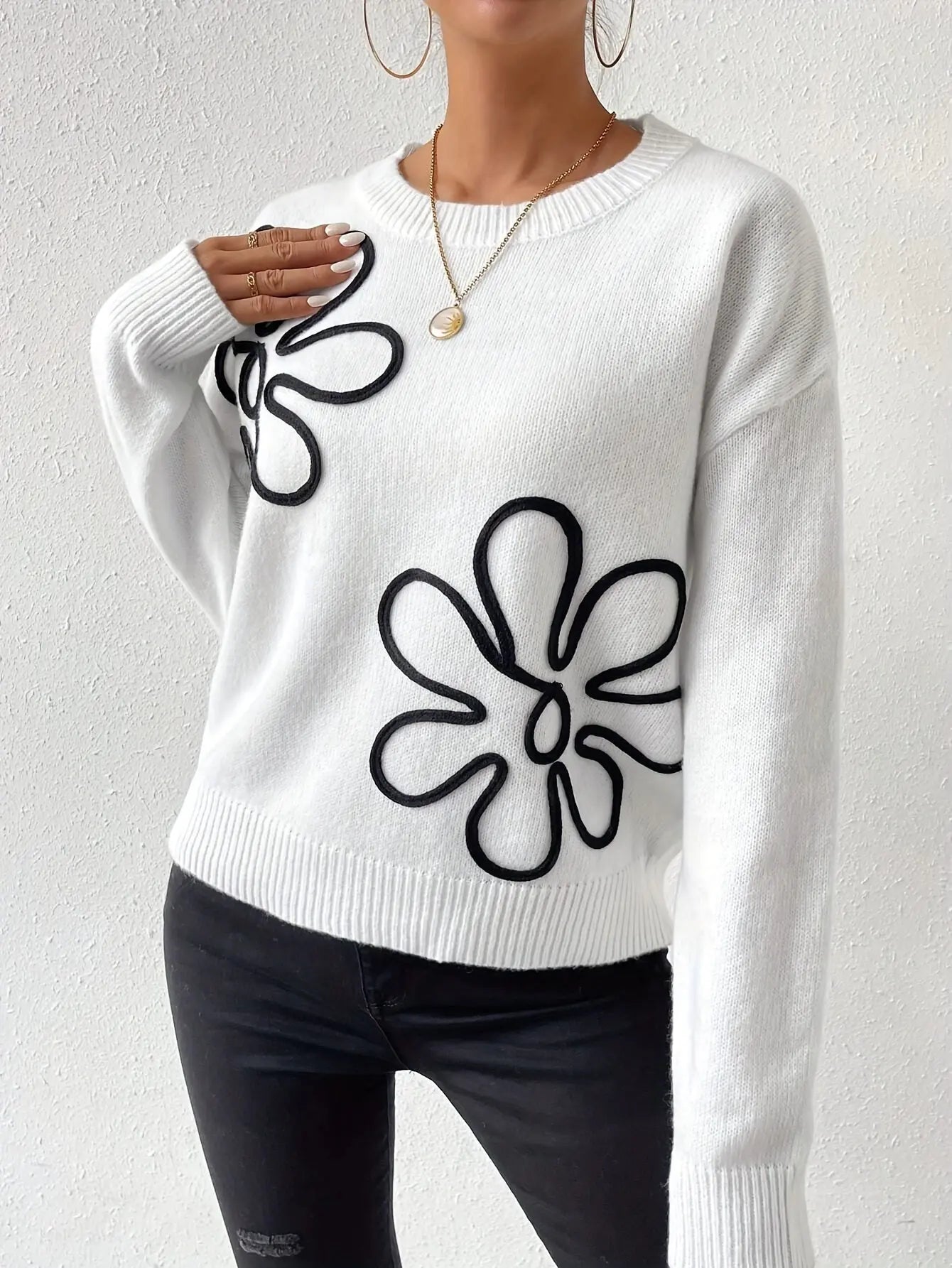 Floral Pattern Crew Neck Sweater, Elegant Drop Shoulder Long Sleeve Sweater For Fall & Winter, Women's Clothing MyFave Boutique