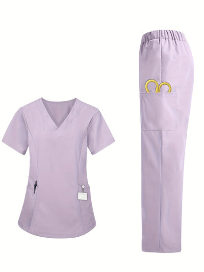 Women's and Men's Unisex Scrubs Set - V-Neck Polyester Medical Uniform with Multiple Pockets, Solid Color Short Sleeve Top and Pants, Slight Stretch Fabric, Loose-Fit, All-Season - Professional Healthcare Attire MyFave Boutique