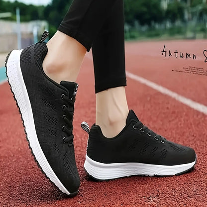 Women's Solid Color Casual Sneakers, Lace Up Breathable Flat Soft Sole Shoes, Lightweight Low-top Running Shoes MyFave Boutique