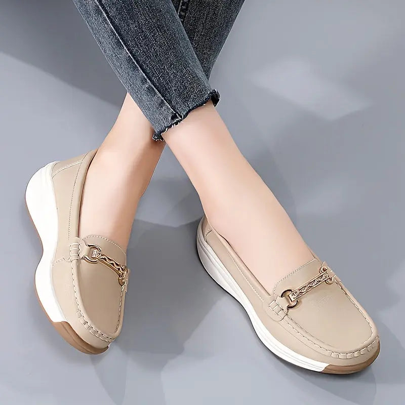 Women's Buckle Detail Loafers, Round Toe Slip-On Flats with Soft Sole, Solid Color MyFave Boutique