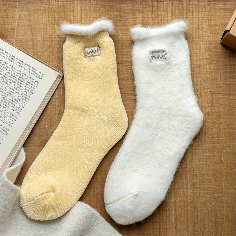 4pcs Women's Cozy Fleece-Lined Mid-Calf Socks - Breathable, Warm & Soft Solid Color with Embroidered Detail MyFave Boutique