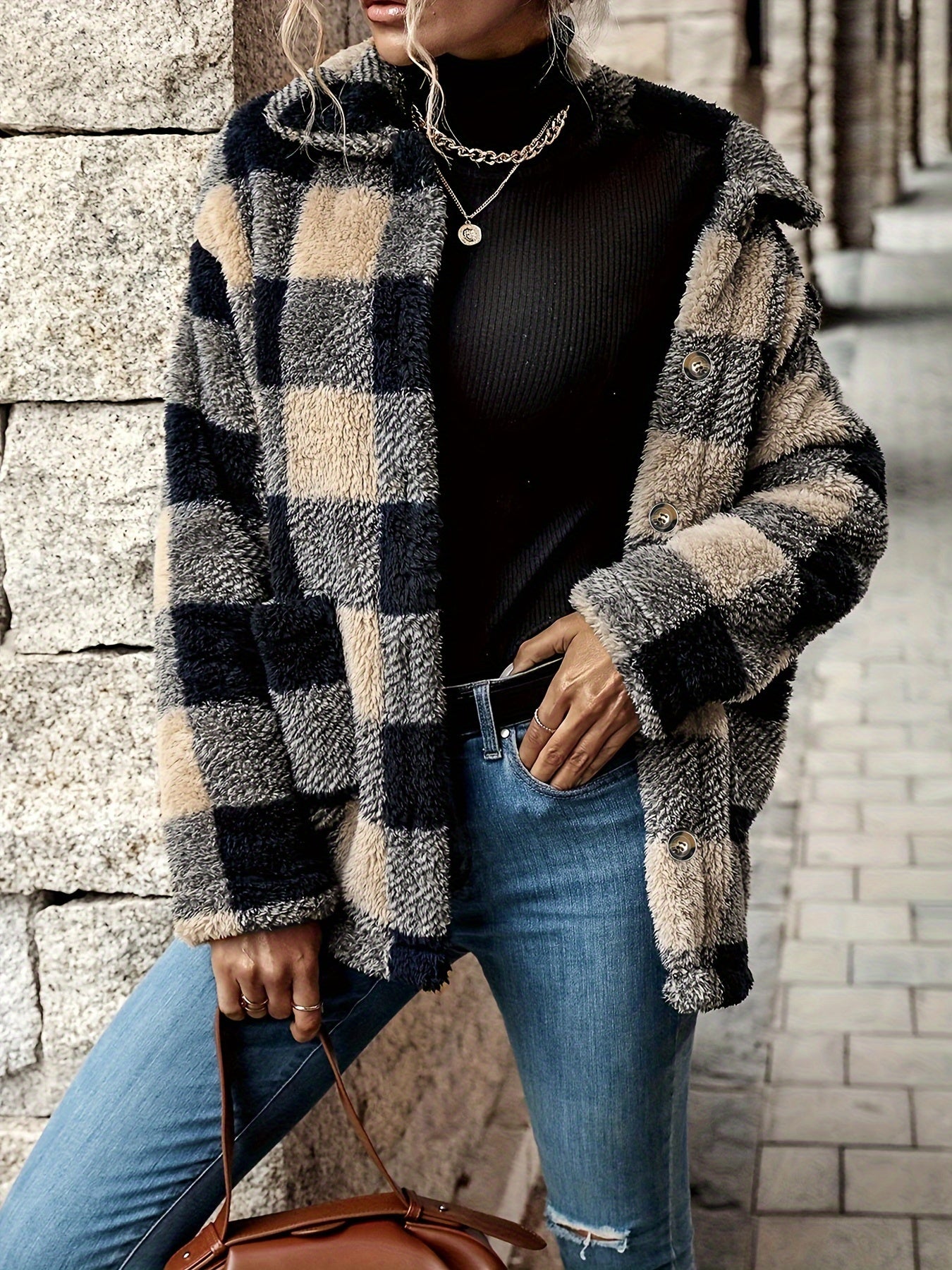 Plaid Pattern Button Fuzzy Lapel Coat, Elegant Thermal Long Sleeve Coat For Fall & Winter, Women's Clothing MyFave Boutique