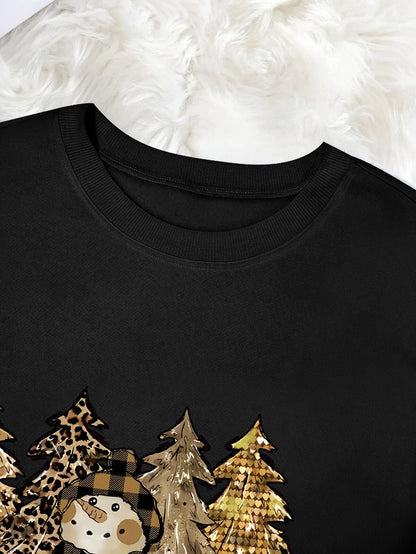 Women's Christmas Themed Polyester Sweatshirt with Applique Snowman and Trees, Casual Crew Neck Pullover for Fall/Winter - 100% Polyester Knit Fabric MyFave Boutique