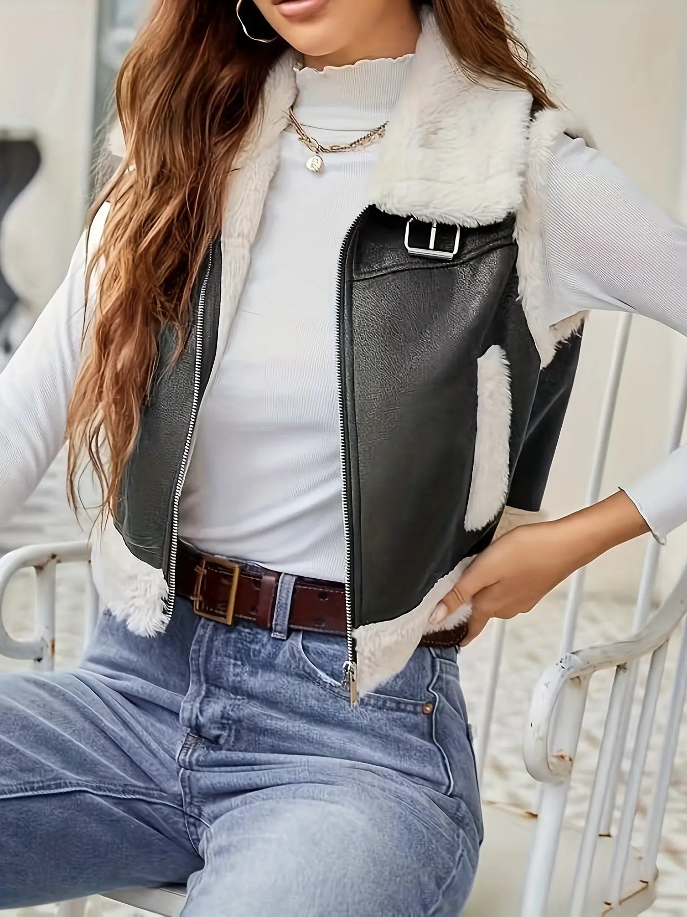 Elegant Women's Faux Fur-Lined Lapel Vest - Polyester Sleeveless Solid Color Vest with Pockets for Fall/Winter MyFave Boutique