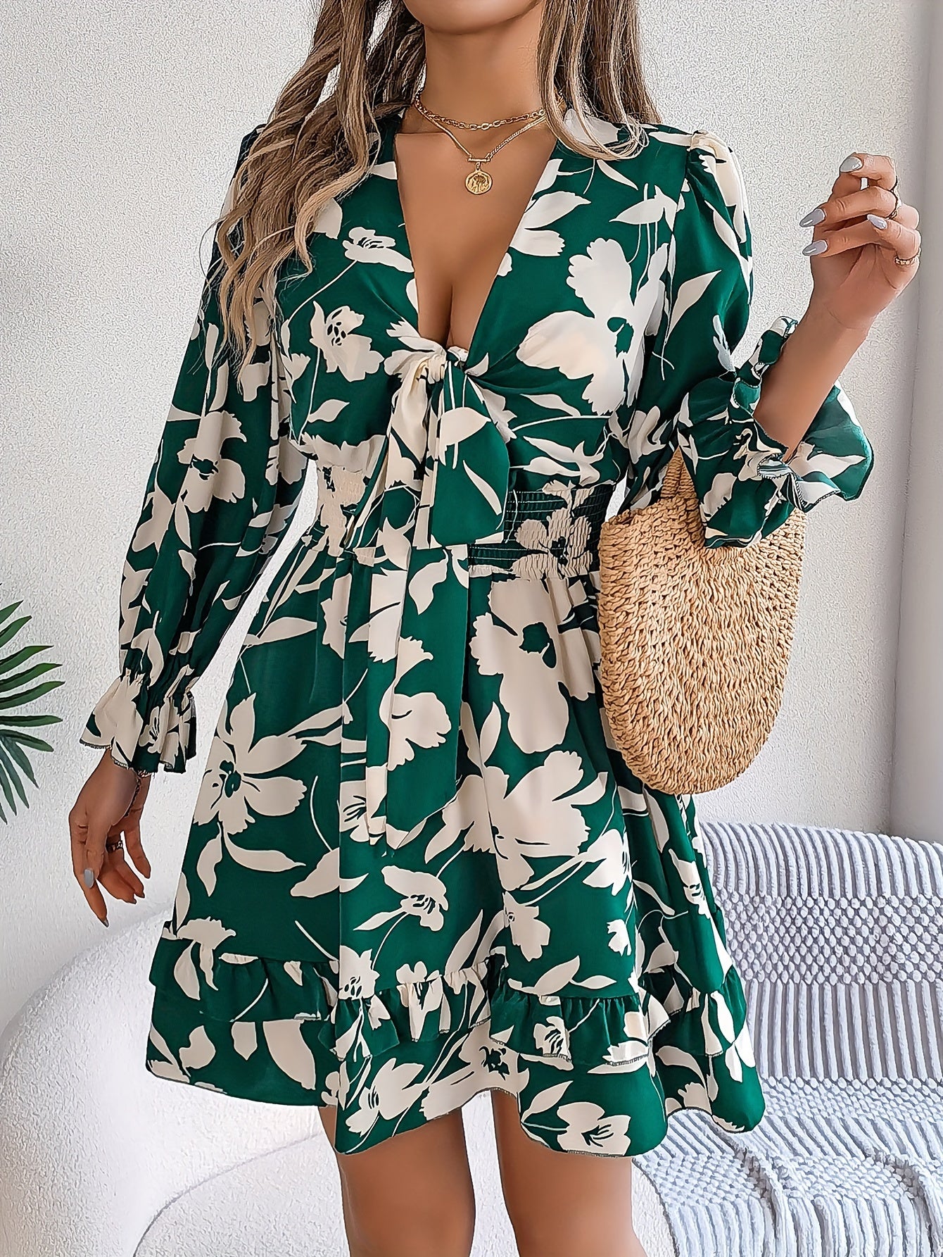 Floral Print Knot Front Dress, Elegant Long Sleeve Shirred Waist Ruffle Hem Dress For Spring & Fall, Women's Clothing MyFave Boutique