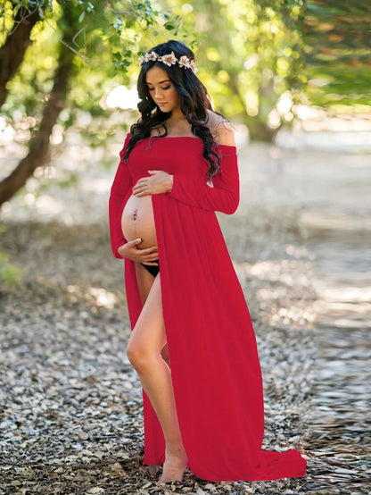 Maternity Solid Color Off The Shoulder Design Dress, Thin Comfy Sexy Stretchy Long Sleeve Pregnant Women's Clothing MyFave Boutique