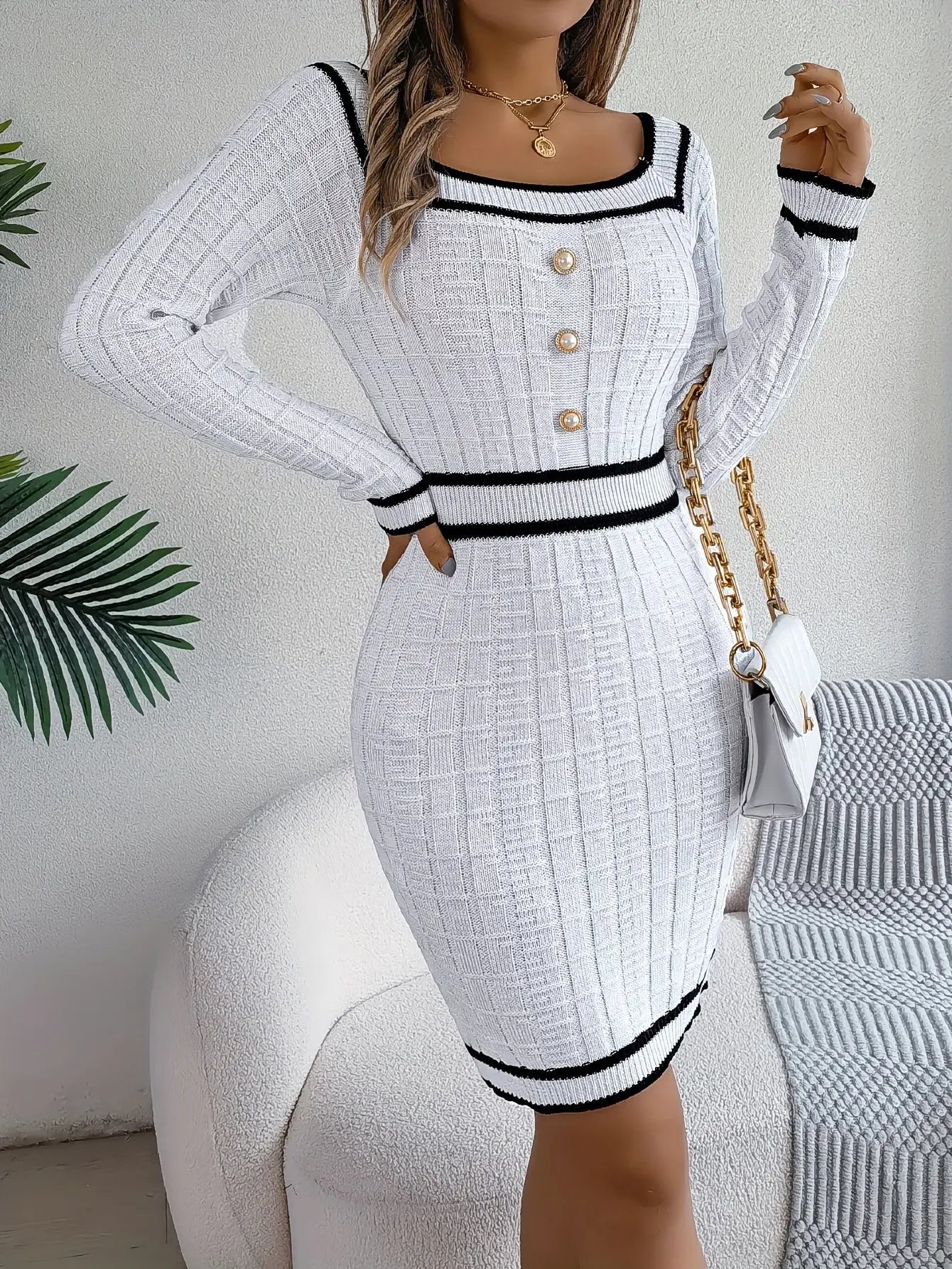 Elegant Striped Knit Bodycon Dress with Button Detail - Square Neck, Long Sleeve, Perfect for Fall & Winter - Women's Fashion MyFave Boutique