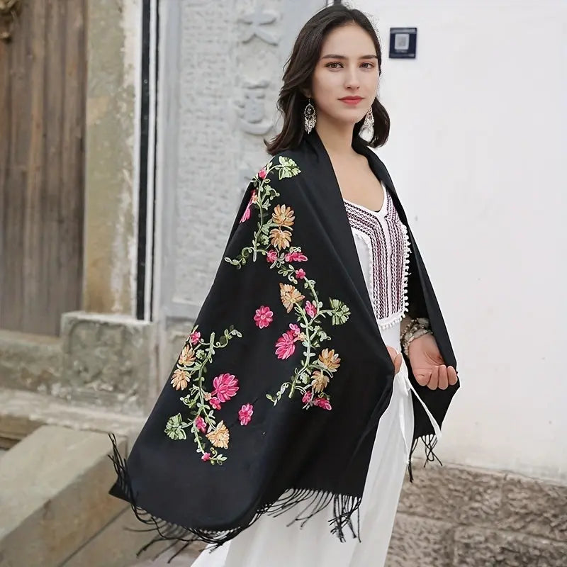 Soft Skin Friendly Scarf Imitation Cashmere Warm Tassel Shawl National Style Flower Embroidered Wrap Elegant Windproof Autumn Winter Scarf MyFave Boutique