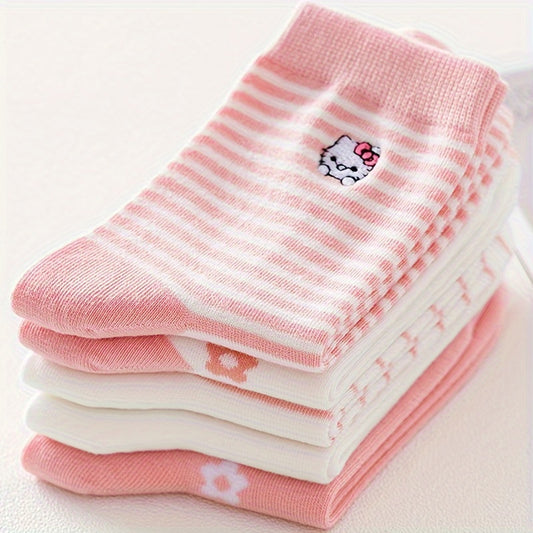 5 Pairs Pink Hello Kitty Socks, Sweet & Cute Striped Mid Tube Socks, Women's Stockings & Hosiery MyFave Boutique