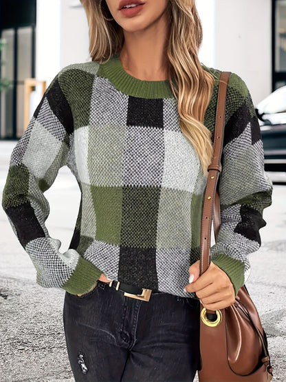 Plaid Crew Neck Pullover Sweater, Vintage Long Sleeve Loose Sweater, Women's Clothing MyFave Boutique