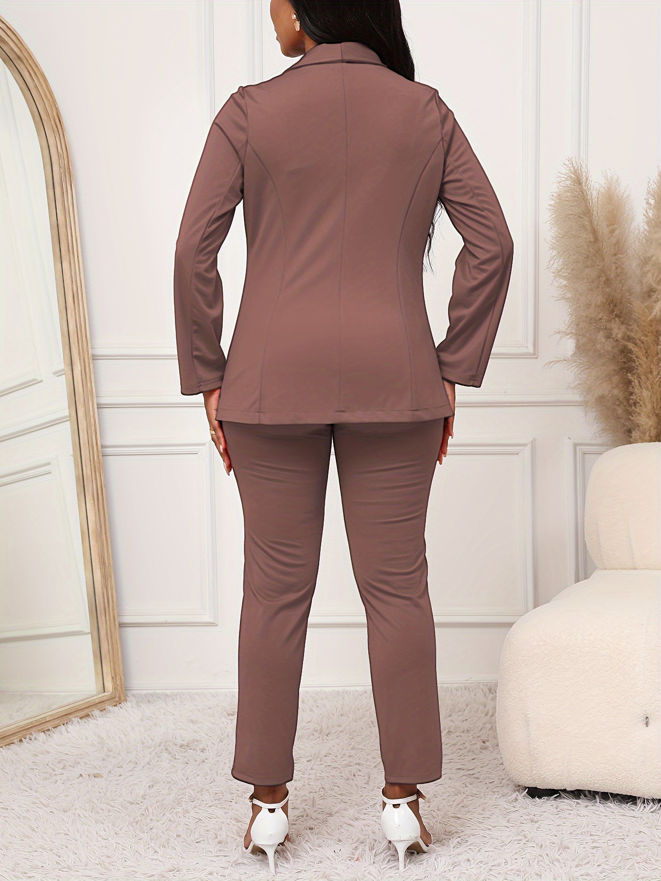 Solid Color Elegant Pantsuits, Button Front Long Sleeve Lapel Blazer & High Waist Pants Outfits, Women's Clothing MyFave Boutique