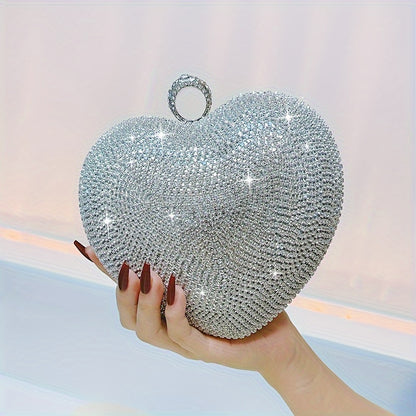 Sparkling Rhinestone Heart Evening Bag, Elegant Shiny Dinner Clutch Purse MyFave Boutique