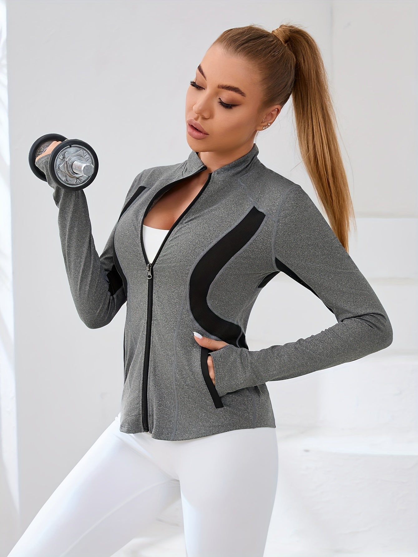 Lightweight Sports Jacket With Long Sleeves, Thumb Holes, Breathable, Sun Protection, Suitable For Outdoor Activities Such As Yoga, Leisure, Running, Climbing, With Zipper And Small High Collar MyFave Boutique