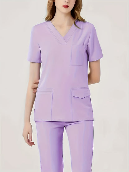 Comfortable & Functional Matching Two-piece Set, Pockets V-neck Top & Solid Pants Health Care Uniform, Women's Clothing MyFave Boutique