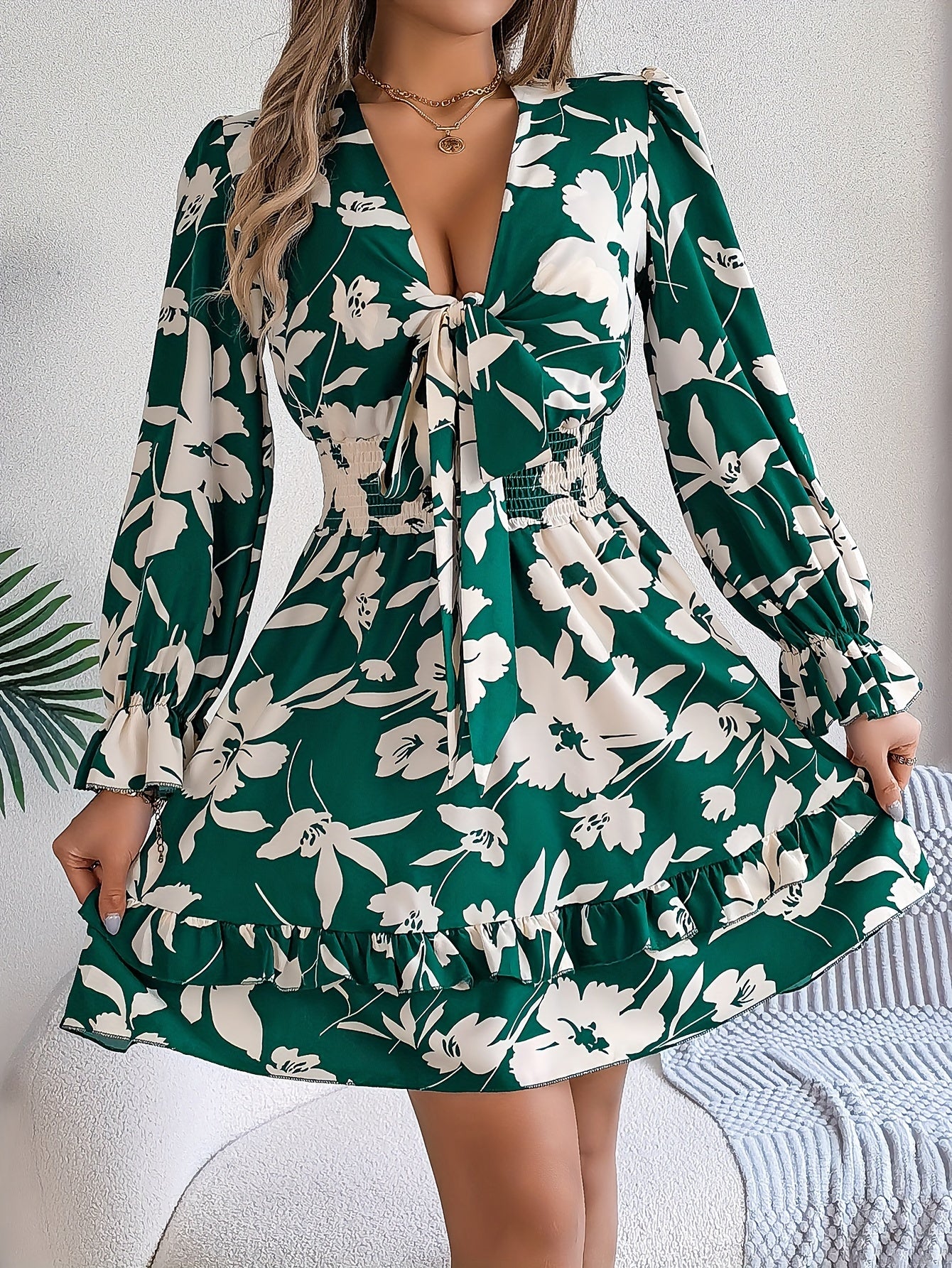 Floral Print Knot Front Dress, Elegant Long Sleeve Shirred Waist Ruffle Hem Dress For Spring & Fall, Women's Clothing MyFave Boutique