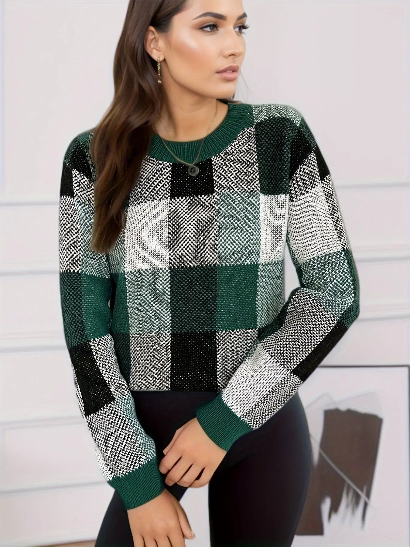 Knit Plaid Print Crew Neck Sweater, Casual Long Sleeve Sweater, Women's Clothing MyFave Boutique