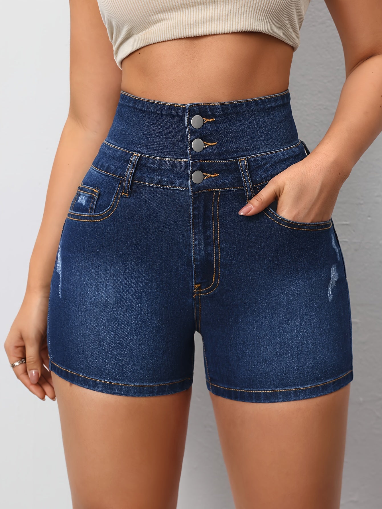 Stylish High-Rise Denim Shorts - Single-Breasted, Ripped Detailing, Casual Summer Wear for Women MyFave Boutique