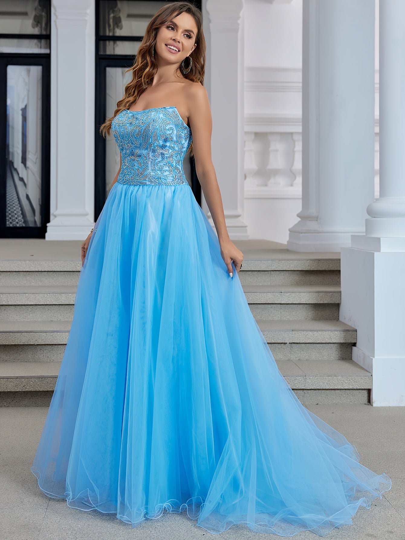 Luxury Crystal Hand Beading Formal Evening Dresses Long Ball Gown Tulle Homecoming Prom Party Gowns For Teens Strapless Lace Up Back Prom Dresses Long Floor Length MyFave Boutique