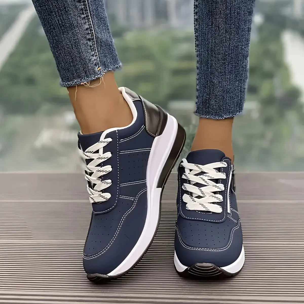 Women's Fashion Sneakers Low-Top Lace-Up Casual Athletic Shoes with Side Zipper - Solid Color Fabric-Lined PU Sole Comfort Walking Trainers for All Seasons MyFave Boutique