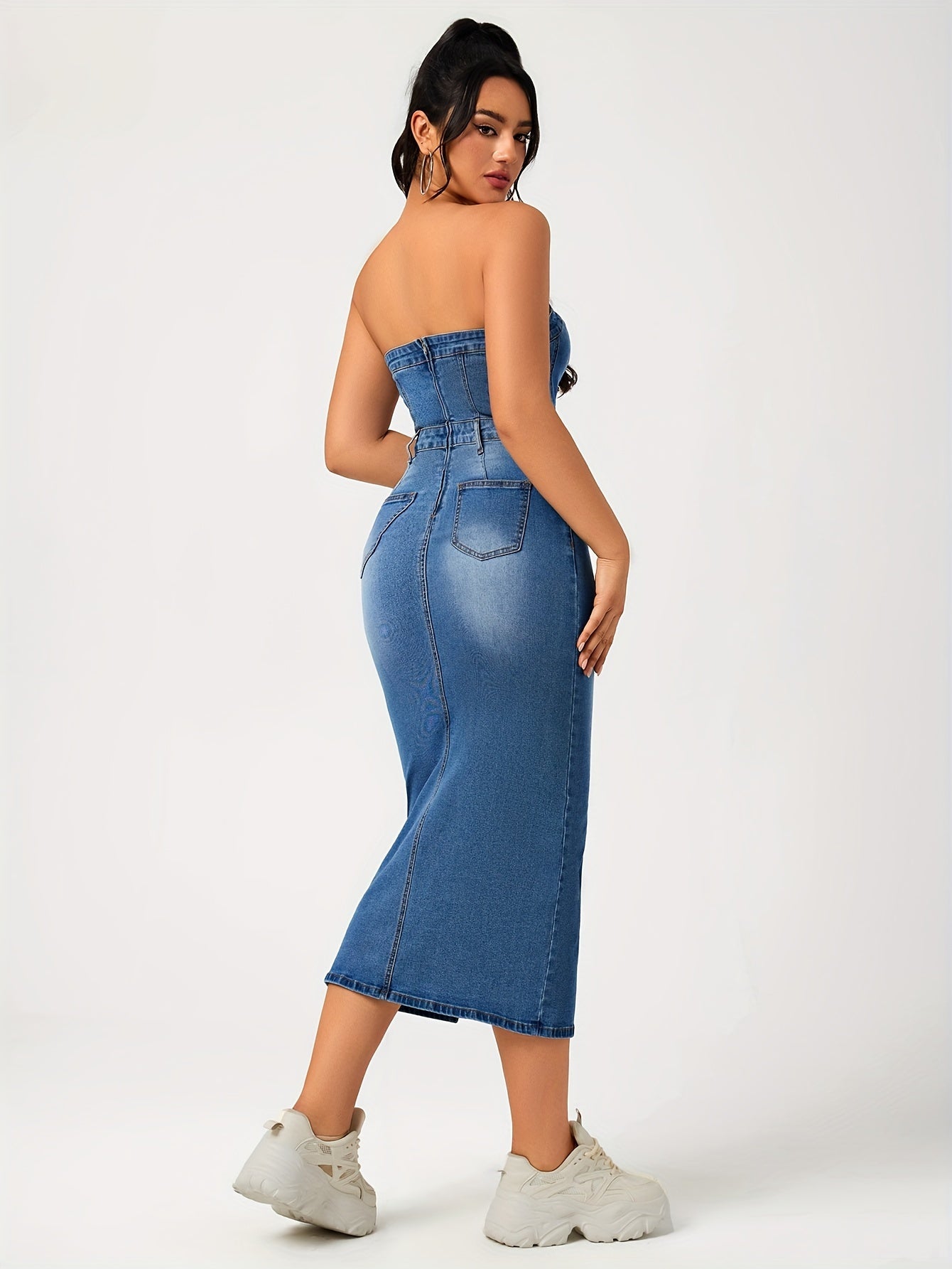 Plain Washed Blue Split Front Bandeau Zipper Bodycon Midi Denim Dress, Women's Denim Jeans & Clothing MyFave Boutique