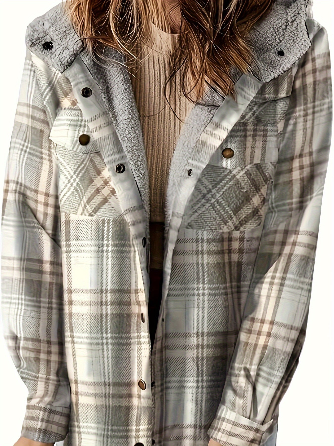 Plaid Pattern Zip Up Jacket, Casual Hooded Long Sleeve Warm Outwear, Women's Clothing MyFave Boutique